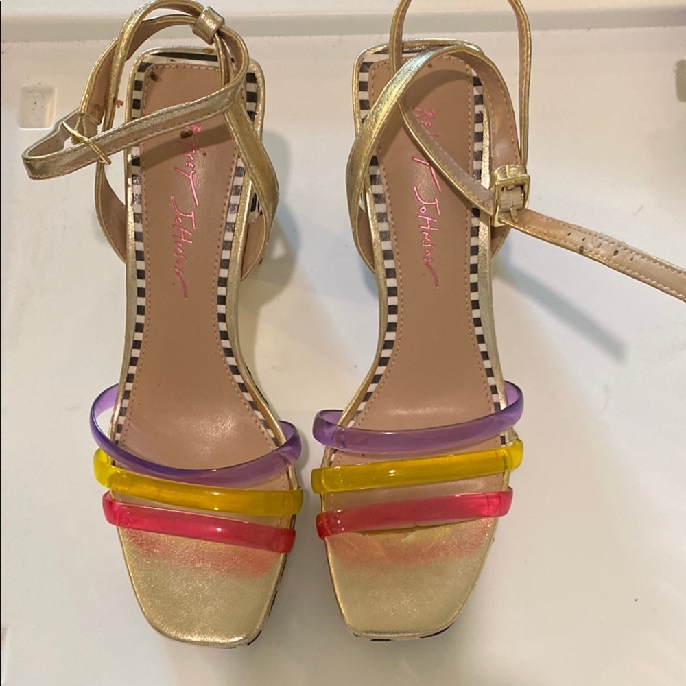 Betsy Johnson Gold and Multicolor Block Heel Sandals - Picture 2 of 6